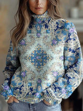 Women's Vintage Lovely Floral Art Print Knit Turtleneck Pullover Sweater